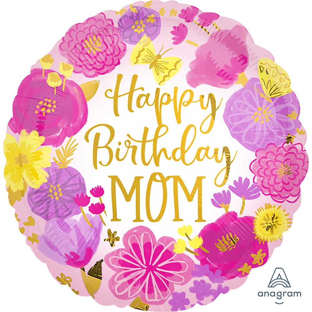 Anagram 17 inch HAPPY BIRTHDAY MOM PAINTED FLOWERS Foil Balloon 41279-02-A-U