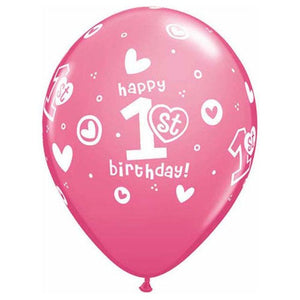 Qualatex 11 inch 1ST BIRTHDAY CIRCLE HEARTS - GIRL Latex Balloons 38066-Q