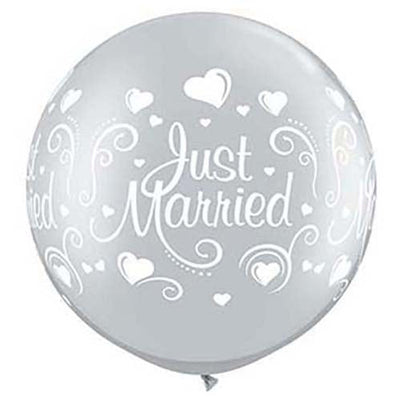 Qualatex 30 inch JUST MARRIED HEARTS WRAP - SILVER Latex Balloons 18841-Q