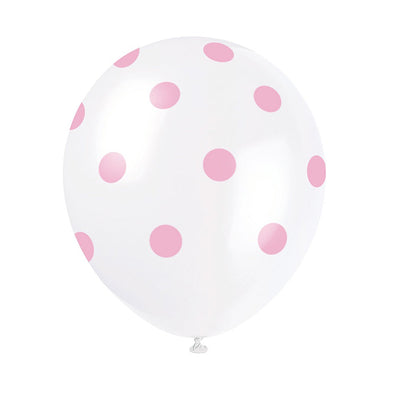 Unique 12 inch WHITE WITH PINK POLKA DOTS BALLOON (6 PK) Latex Balloons 57587-UN